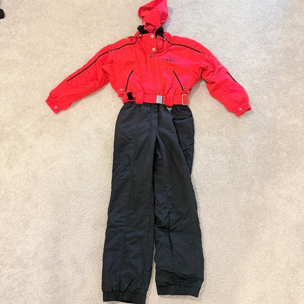Fera Women Size 10 Vintage One Piece Ski Suit Red Black Belted Hooded Retro